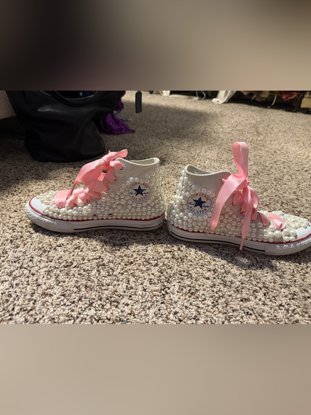 Converse Customized Pearls Kids Pink Sequined Slip-On Shoes Wedding